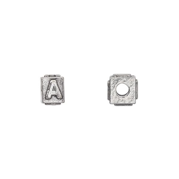Bead, antiqued pewter (tin-based alloy), 8x6mm rectangle with alphabet letter "A." Sold per pkg of 4. image number 0