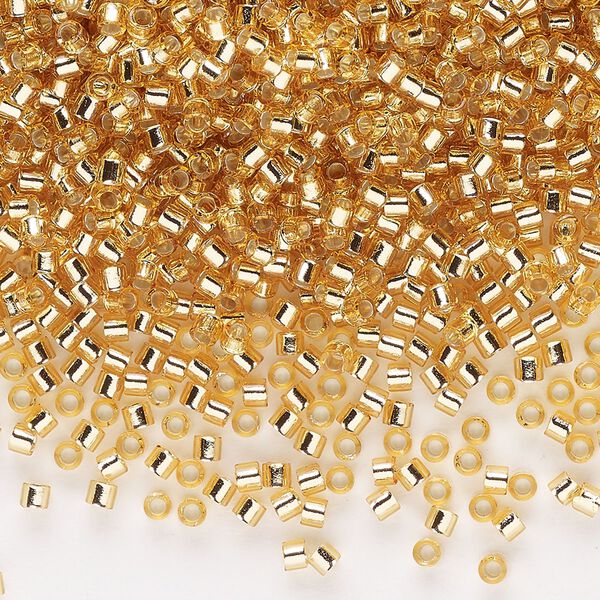 Seed bead, Delica®, glass, pkg/250g, #10 round, transparent silver-lined gold (DBM-0042). image number 0