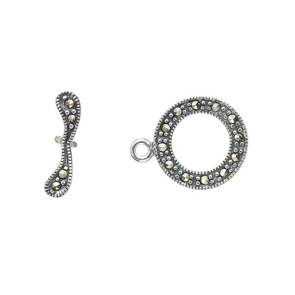 Clasp, toggle, marcasite (natural) and antiqued sterling silver, 14mm single-sided round. Sold individually. image number 0
