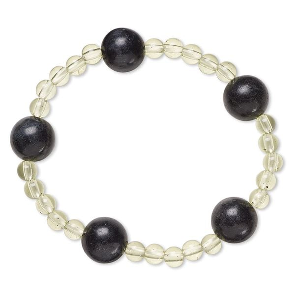 Bracelet, stretch, blackstone (dyed) and acrylic, light yellow-green, 5mm and 12-13mm round, 6 inches. Sold individually. image number 0