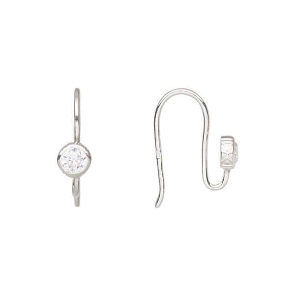Ear wire fishhook 1pkg2 sterling silver / cubic zirconia, 16mm / 5mm round / open loop, 18 gauge clear 1 pair image number 0