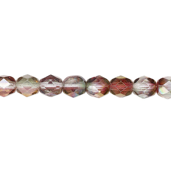 Bead, Czech fire-polished glass, translucent to transparent pink and green luster, 6mm faceted round. Sold per 15-1/2" to 16" strand. image number 0