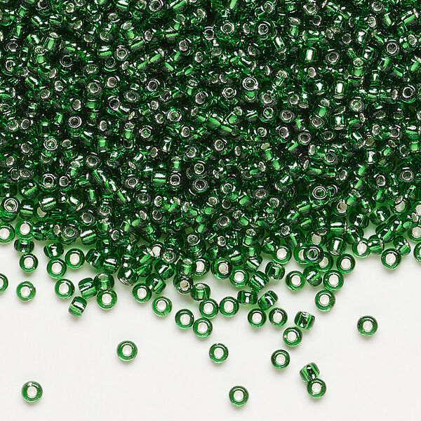 Seed bead, Dyna-Mites™, glass, pkg/1/2kg, #11 round, transparent silver-lined emerald green, (52:RR 11/0 RR). image number 0