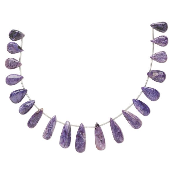 Charoite 1pkg18, hand-cut top-drilled flat teardrop bead natural graduated 13x6mm-18x10mm image number 0