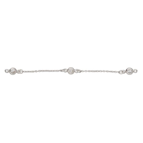 Extender chain, cubic zirconia and rhodium-plated sterling silver, clear, 1.3mm curb with 5mm round and 2 loops, 3 inches. Sold individually. image number 0