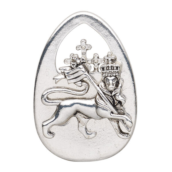 Focal, antique silver-finished "pewter" (zinc-based alloy), 44x30mm single-sided teardrop with lion and crown with scepter. Sold per pkg of 2. image number 0