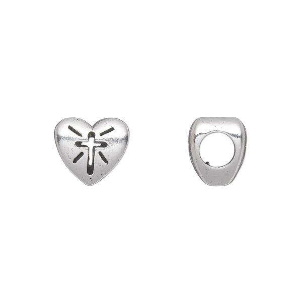 Bead, antique silver-plated pewter (tin-based alloy), 11x10mm double-sided heart with cross cutout design. Sold individually. image number 0