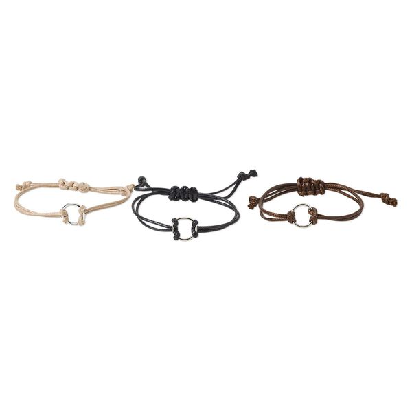 Bracelet, waxed cotton cord and silver-finished steel, brown / black / tan, 18mm wide with 18mm ring, adjustable from 6-10 inches with macramé knot closure. Sold per pkg of 3. image number 0