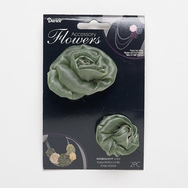 Sew-on component, fabric, iridescent green, 1-1/4 to 1-1/2 inch and 2-1/4 to 2-3/4 inch rose. Sold per pkg of 2. image number 0