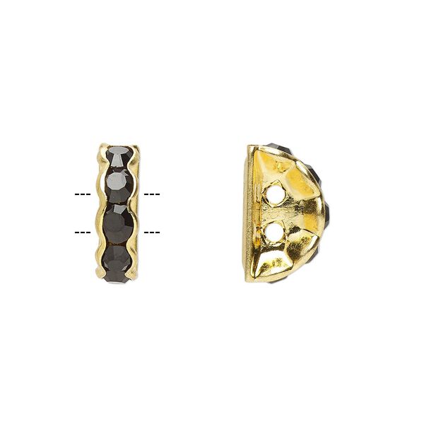 Spacer, glass rhinestone and gold-finished brass, black, 12x4mm 2-strand half-round bridge, fits up to 3.5mm bead. Sold per pkg of 10. image number 0