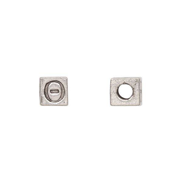 Bead, antiqued pewter (tin-based alloy), 7mm cube with Greek letter, THETA. Sold per pkg of 4. image number 0