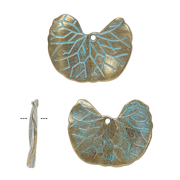Charm, antique brass-finished "pewter" (zinc-based alloy), green patina, 27x22mm ginkgo leaf. Sold per pkg of 4. image number 0