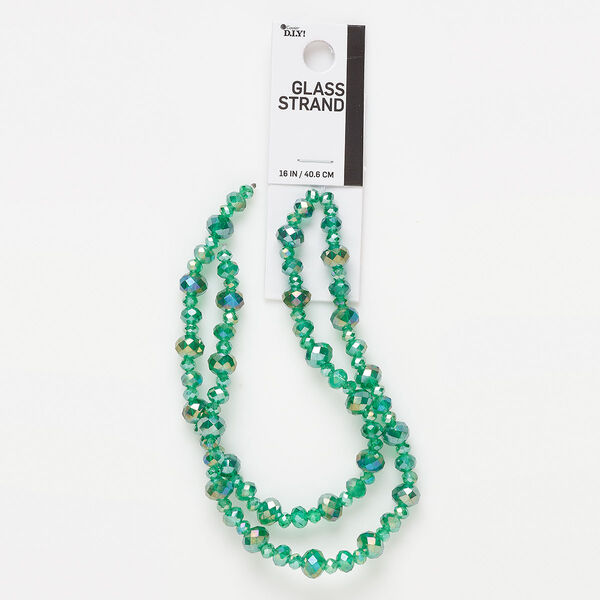Bead, glass, translucent green AB, 8x6mm / 6x4mm / 4x3mm rondelle. Sold per 16-inch strand. image number 0