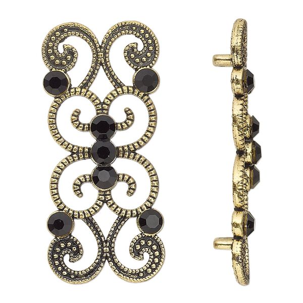Spacer, antiqued gold-finished "pewter" (zinc-based alloy) and Czech glass rhinestone, black, 37x16mm 2-strand fancy rectangle. Sold per pkg of 4. image number 0