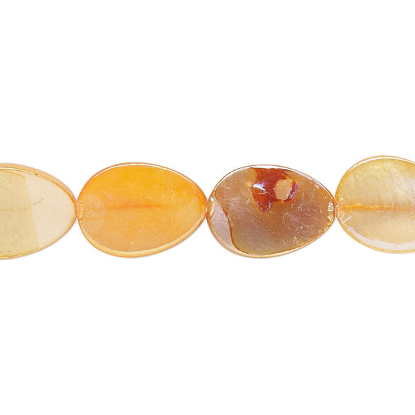 Bead, mother-of-pearl shell (dyed), orange AB, 13x10mm-14x10mm flat teardrop with 0.6-0.8mm hole, Mohs hardness 3-1/2. Sold per 15-inch strand. image number 0
