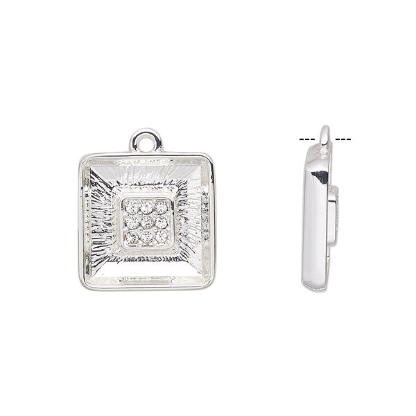 Drop, Almost Instant Jewelry®, glass rhinestone and silver-plated "pewter" (zinc-based alloy), clear, 15.5mm with 14mm glue-in square ring setting. Sold individually. image number 0