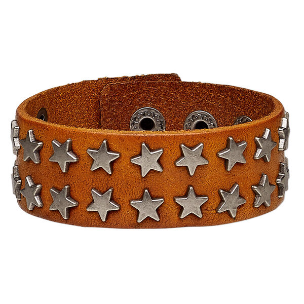 Bracelet, leather (dyed) and silver-plated steel, tan, 27mm wide with star studs, adjustable from 5-1/2 to 7 inches with snap closure. Sold individually. image number 0