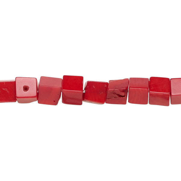 Bead, coral (dyed), red, 5x5mm hand-cut cube, Mohs hardness 3-1/2 to 4. Sold per 15-1/2" to 16" strand. image number 0