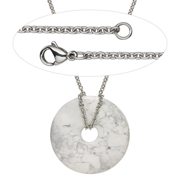 Necklace, Simple and Sleek Jewelry™, white howlite focal and stainless steel chain, 30 inches. Sold individually. image number 0
