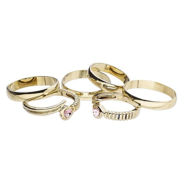 Ring mix, glass rhinestone and gold-finished brass, pink, 4mm and 8mm wide, size 5 to 12-1/2. Sold per pkg of 6. image number 0