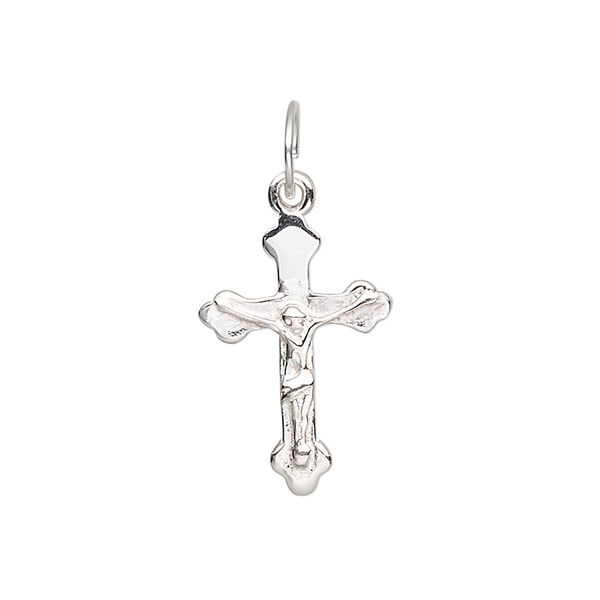 Drop, sterling silver, 20x14mm engraved crucifix. Sold per pkg of 2. image number 0