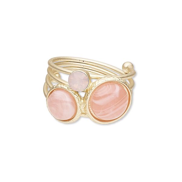 Ring, resin / glass rhinestone / gold-finished steel / "pewter" (zinc-based alloy), pink, 30mm wide with round, size 9. Sold individually. image number 0