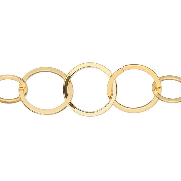 Chain, gold-plated brass, 14mm flat round cable. Sold per pkg of 25 feet. image number 0