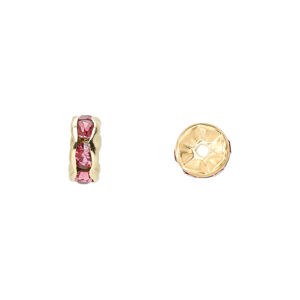 Bead, glass rhinestone and gold-finished brass, rose, 8x4mm rondelle. Sold per pkg of 10. image number 0