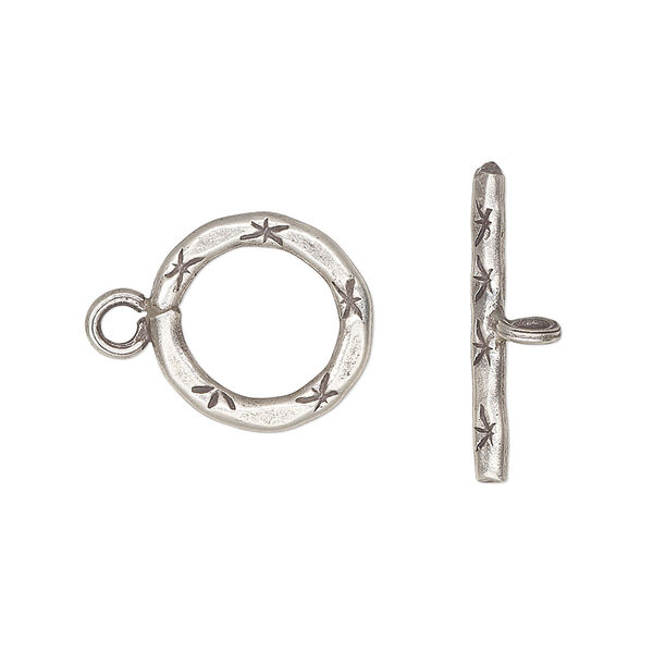 Clasp, toggle, Hill Tribes, antiqued sterling silver, 14mm fancy round. Sold individually. image number 0
