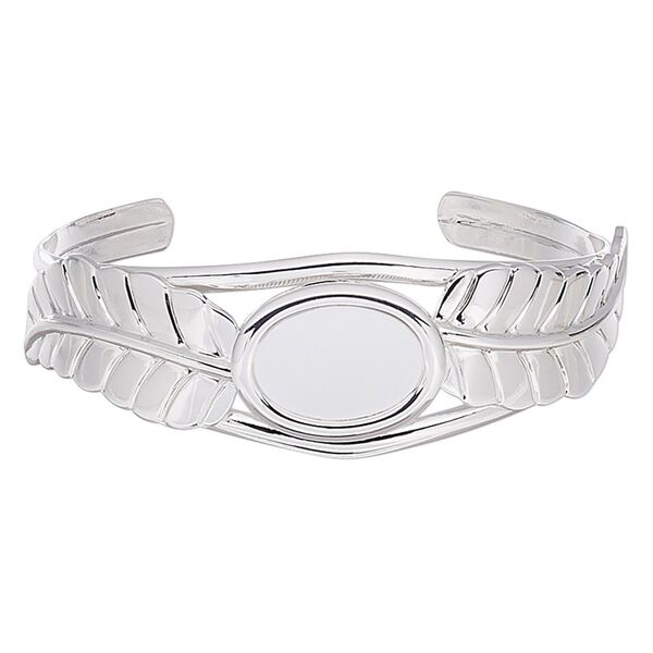 Bracelet, cuff, silver-plated brass / steel / "pewter" (zinc-based alloy), 22mm wide with 65x18mm feather and 18x13mm oval setting, adjustable. Sold individually. image number 0