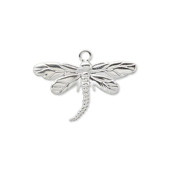 Charm, silver-plated brass, 26x15mm single-sided dragonfly. Sold per pkg of 100. image number 0