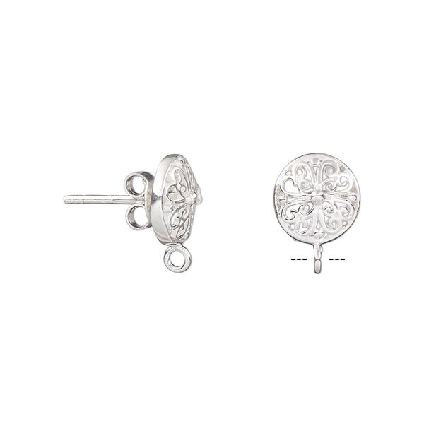 Earstud 1pkg2 sterling silver, 12mm round heart design / closed loop / earnuts, 1 pair image number 0