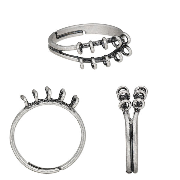Ring, antique silver-plated brass, 6mm wide with (10) 3mm loops, adjustable. Sold per pkg of 6. image number 0