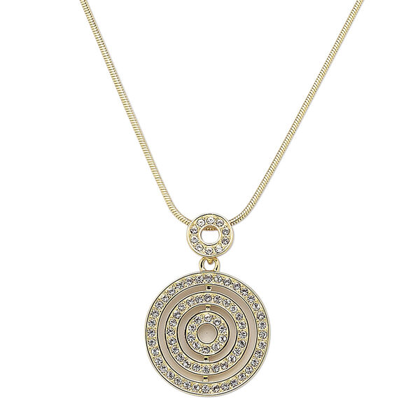 Necklace, Austrian crystal with gold-finished brass and "pewter" (zinc-based alloy), clear, 26mm round, 18 inches with 2-inch extender chain and lobster claw clasp. Sold individually. image number 0