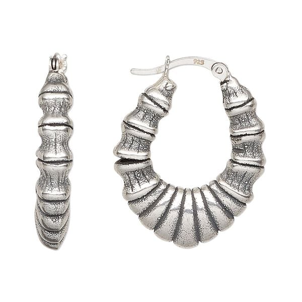 Earring, antiqued sterling silver, electroformed, 29mm oval hoop with latch-back closure. Sold per pair. image number 0
