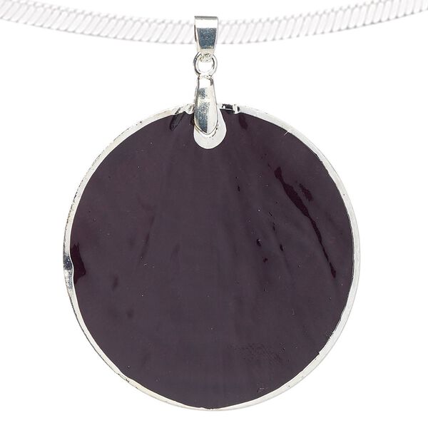 Pendant, Capiz shell (dyed / coated) with silver-finished copper and "pewter" (zinc-based alloy), black, 49-50mm round. Sold per pkg of 2. image number 0