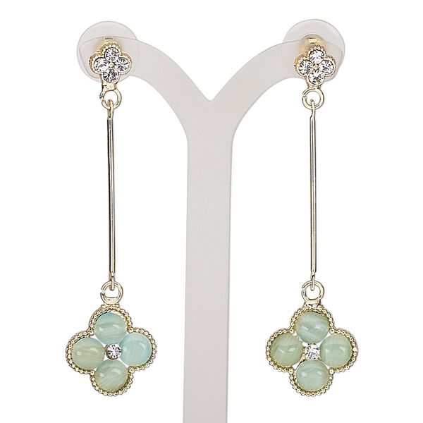 Earring, cat's eye glass / glass rhinestone / stainless steel / gold-finished "pewter" (zinc-based alloy), sea foam green and clear, 2-1/2 inches with flower and post. Sold per pair. image number 0