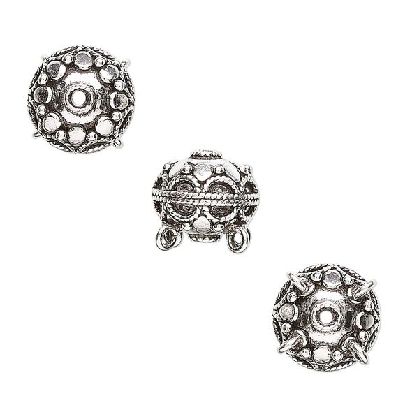 Bead, sterling silver, 13x11mm filigree round with 4 loops. Sold individually. image number 0