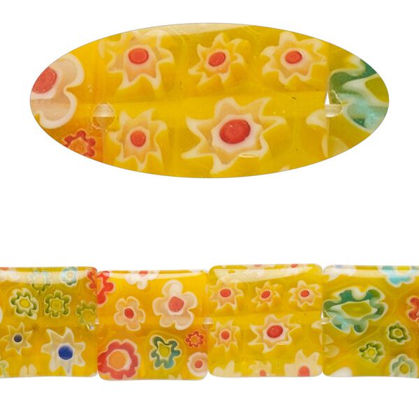 Bead, millefiori glass, translucent yellow and multicolored, 11mm-13x12mm puffed square with flower design. Sold per 14-inch strand. image number 0