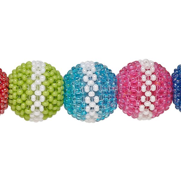 Bead, glass, opaque multicolored, 13mm round with vertical stripe design. Sold per pkg of 12. image number 0