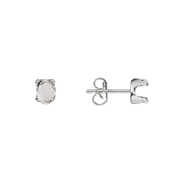 Earstud 1pkg4 Snap-Tite® sterling silver, 6x4mm oval 4-prong setting / earnuts, 2 pair image number 0