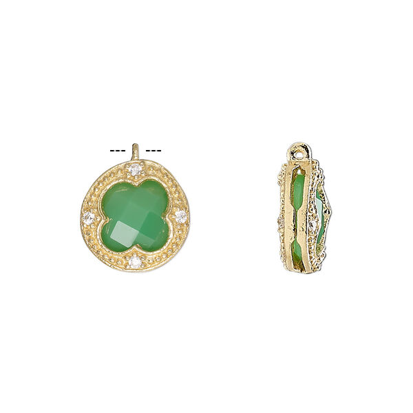 Drop, chalcedony (dyed) / cubic zirconia / gold-finished sterling silver, clear and sea green, 12mm two-sided faceted round. Sold individually. image number 0