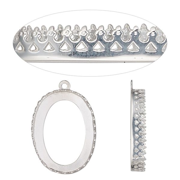 Drop, sterling silver, 26x19.5mm oval with decorative trim and open back with 25x18mm oval cabochon bezel setting. Sold individually. image number 0