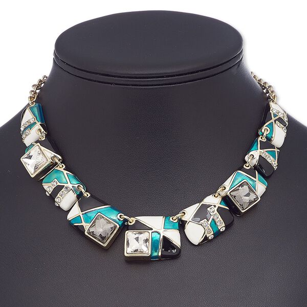 Necklace, glass rhinestone / enamel / glass / gold-finished brass / steel / "pewter" (zinc-based alloy), multicolored, rectangle, 16 inches with 2-inch extender chain and lobster claw clasp. Sold individually. image number 0
