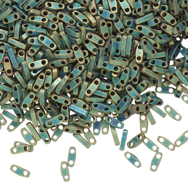 Seed bead, TILA®, glass, pkg/5g, 5x1.2mm quarter tila rectangle, opaque matte metallic iris green patina, (QTL-2008). image number 0