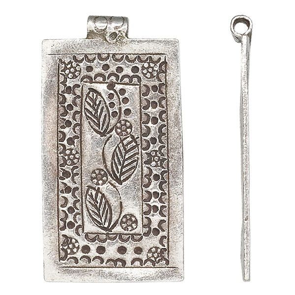 Focal, Hill Tribes, antiqued sterling silver, 39x20mm rectangle with etched flowers and leaves. Sold individually. image number 0