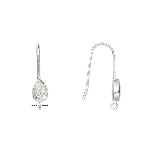 Ear wire fishhook 1pkg2 sterling silver / cubic zirconia, 17mm / 6x4mm faceted pear / open loop, 21 gauge clear 1 pair image number 0
