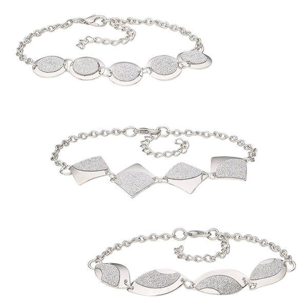 Bracelet, glitter paper / imitation rhodium-coated plastic / imitation rhodium-plated steel, silver, 15mm round / 21mm diamond / 26x12mm twisted marquise, 8 inches with 1-3/4 inch extender chain and lobster claw clasp. Sold per pkg of 3. image number 0