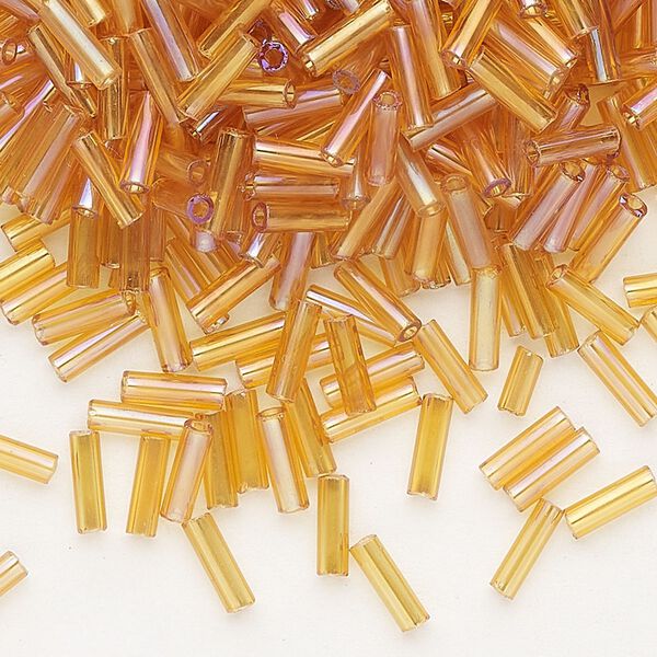 Bead, Preciosa Ornela Czech glass, bugle bead, pkg/50g, 1/4 inch, rainbow translucent topaz, (11050). image number 0