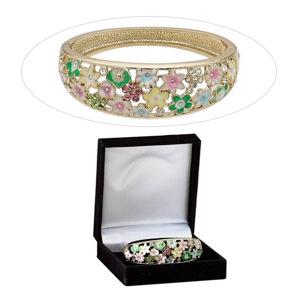 Bracelet, bangle, enamel / Czech glass rhinestone / gold-finished "pewter" (zinc-based alloy), multicolored, 22mm wide with flowers, 7 inches with hinged tab clasp. Sold individually. image number 0